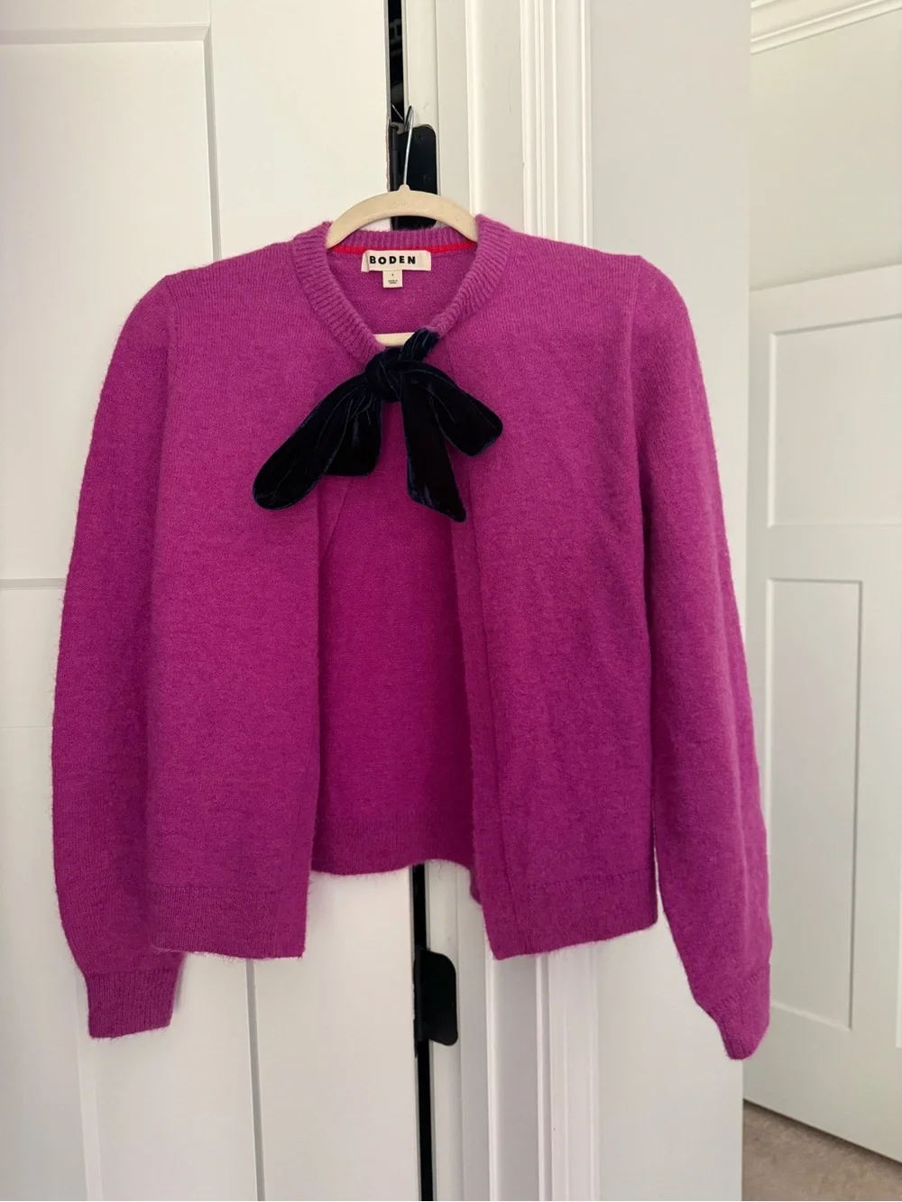 Boden magenta Fluffy Bow Cardigan velvet tie neck sweater wool blend
